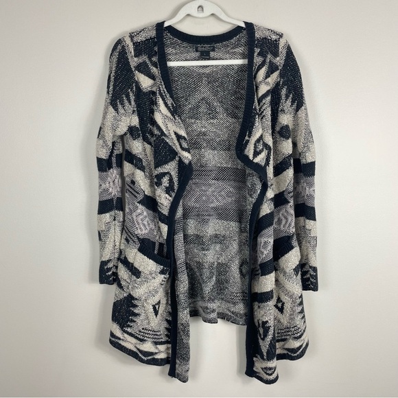Lucky Brand Women Large Bali Aztec Open Front Cardigan Sweater Long Sleeve Black - Picture 1 of 7